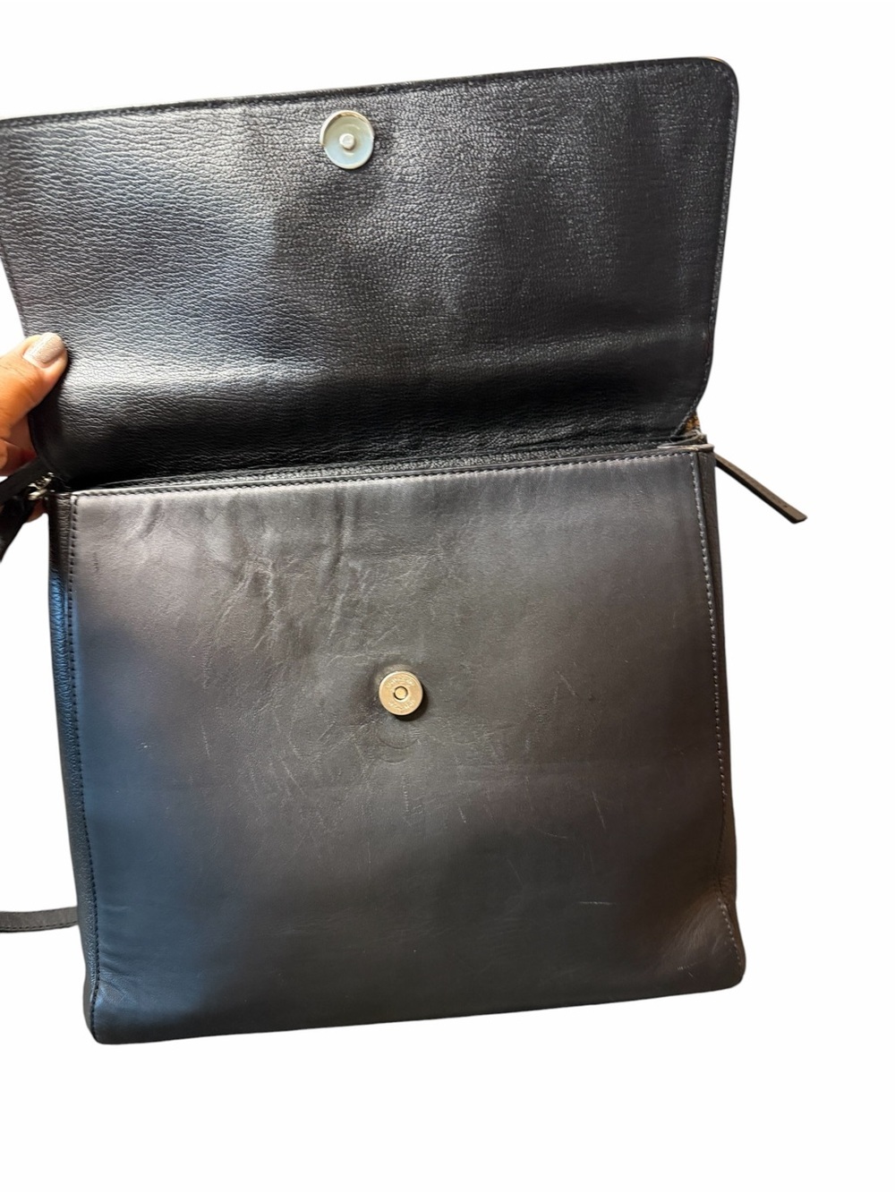 Black Leather Shoulder Bag with Grey Croc-Embossed Flap - Picture 11 of 15